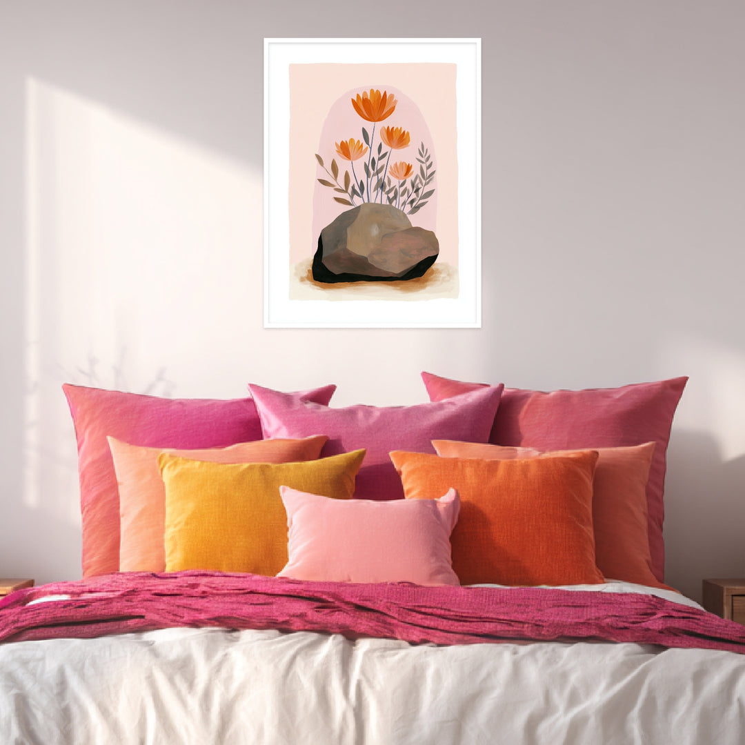 Orange Blumen auf Stein Poster abstrakt – mattes Kunstdruck-Papier – Ansicht 6