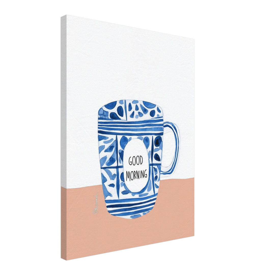 Blaue Kaffeetasse Muster Leinwandbild Dopamin – Leinwand auf Holzrahmen – Ansicht 2