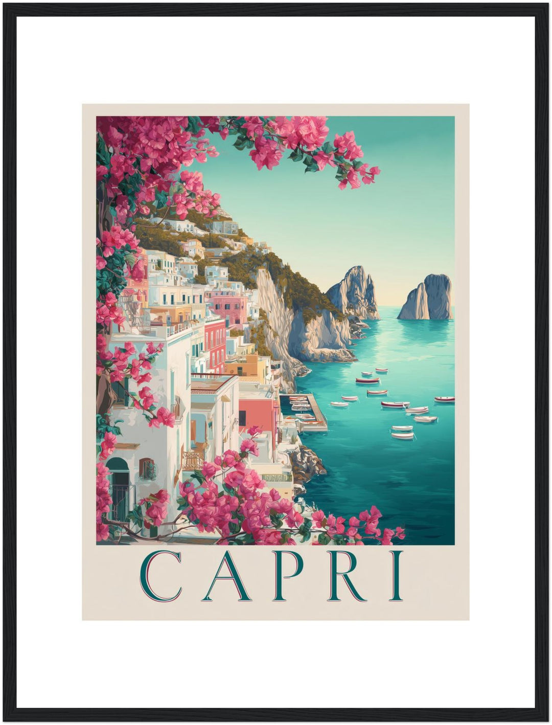 Capri im Bougainvillea-Glanz Poster – Schwarzer Rahmen – Produktfoto