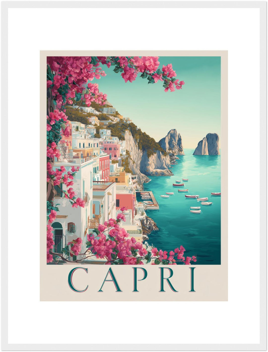 Capri im Bougainvillea-Glanz Poster – Weißer Rahmen – Produktfoto
