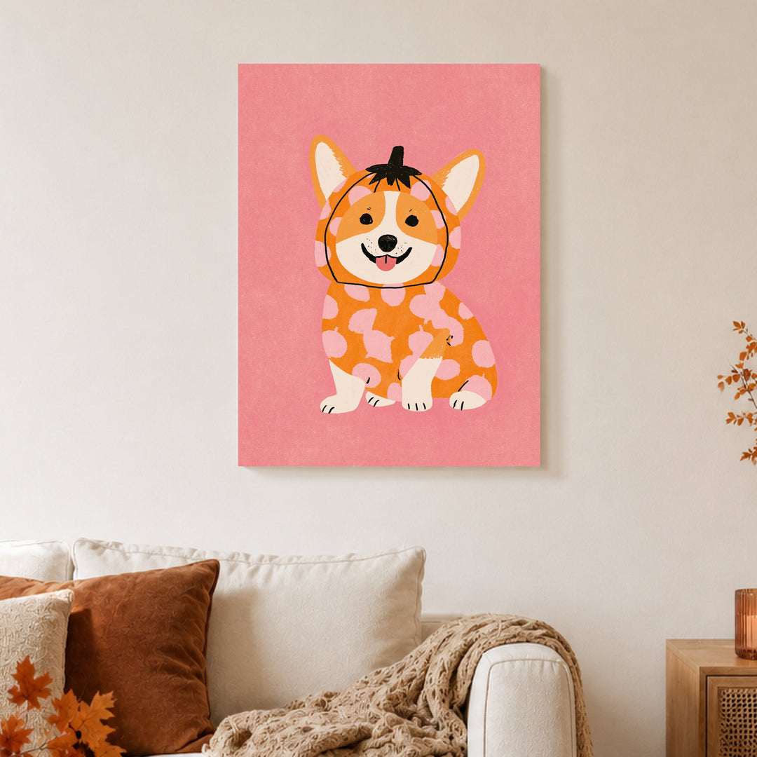 Corgi im Kürbis-Kostüm Leinwandbild – Ohne Rahmen – Produktfoto