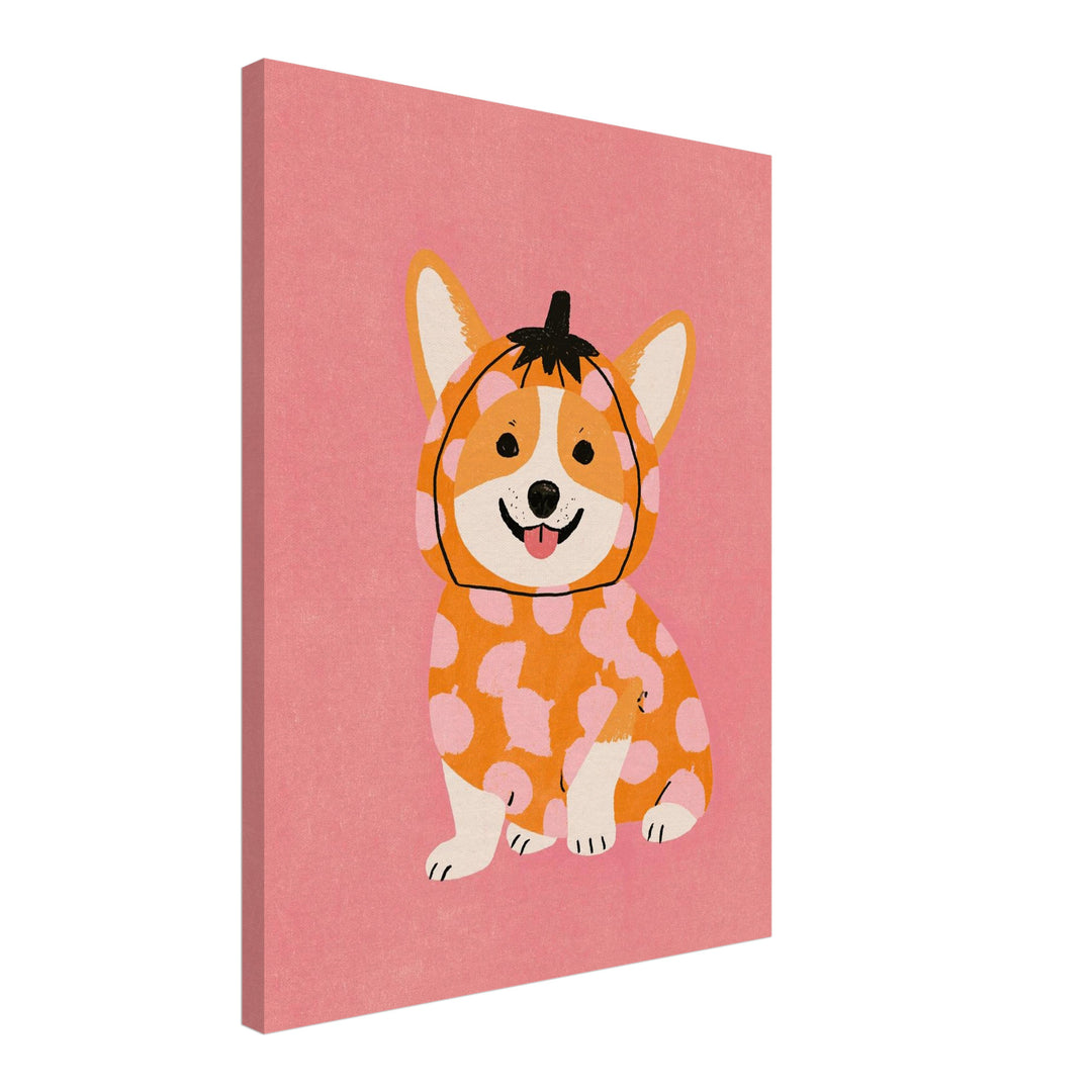 Corgi im Kürbis-Kostüm Leinwandbild – Schräge Ansicht – Produktfoto