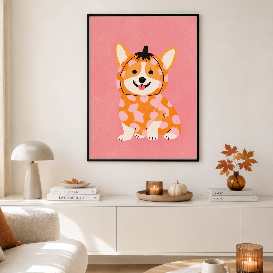 Corgi im Kürbis-Kostüm Poster – Schwarzer Rahmen – Produktfoto