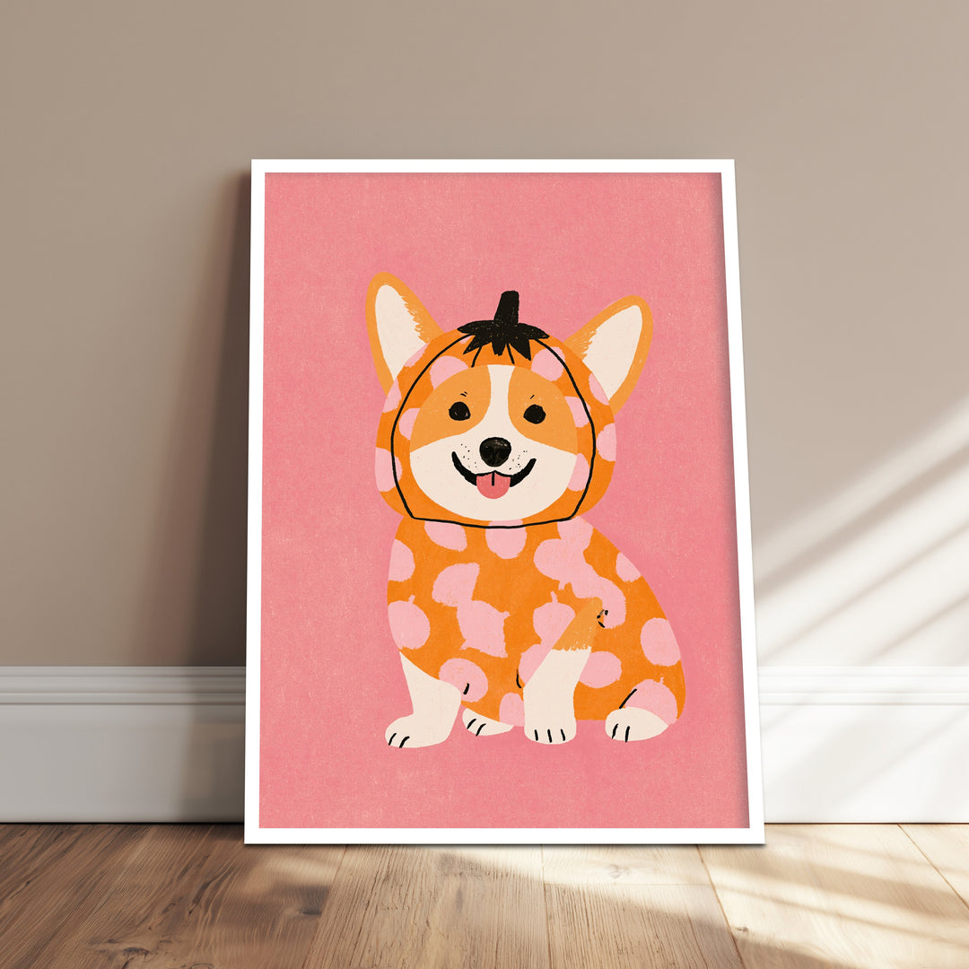 Corgi im Kürbis-Kostüm Poster – Weißer Rahmen – Produktfoto