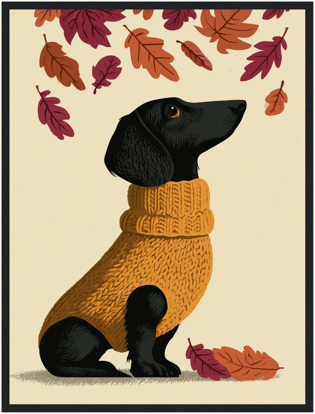 Dackel im Herbstpullover Poster – Schwarzer Rahmen – Produktfoto