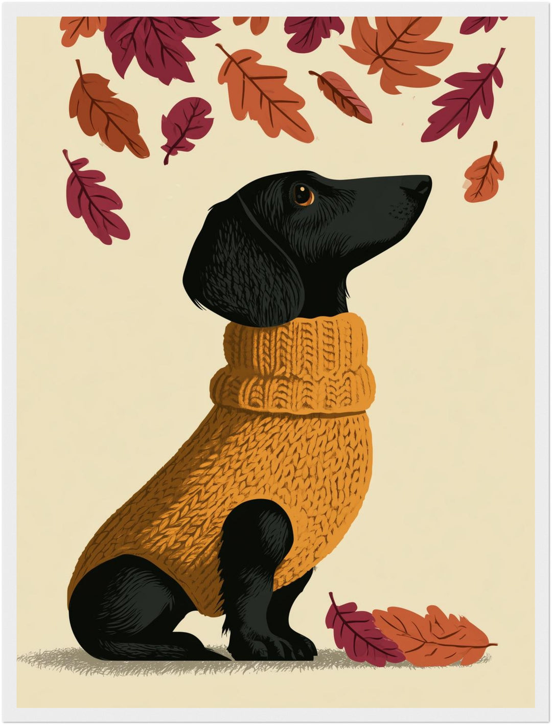 Dackel im Herbstpullover Poster – Weißer Rahmen – Produktfoto