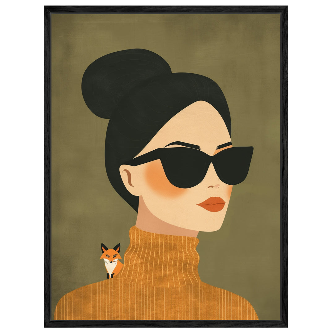 Frau mit Sonnenbrille und Fuchs Leinwandbild abstrakt – Leinwand auf Holzrahmen – Ansicht 4
