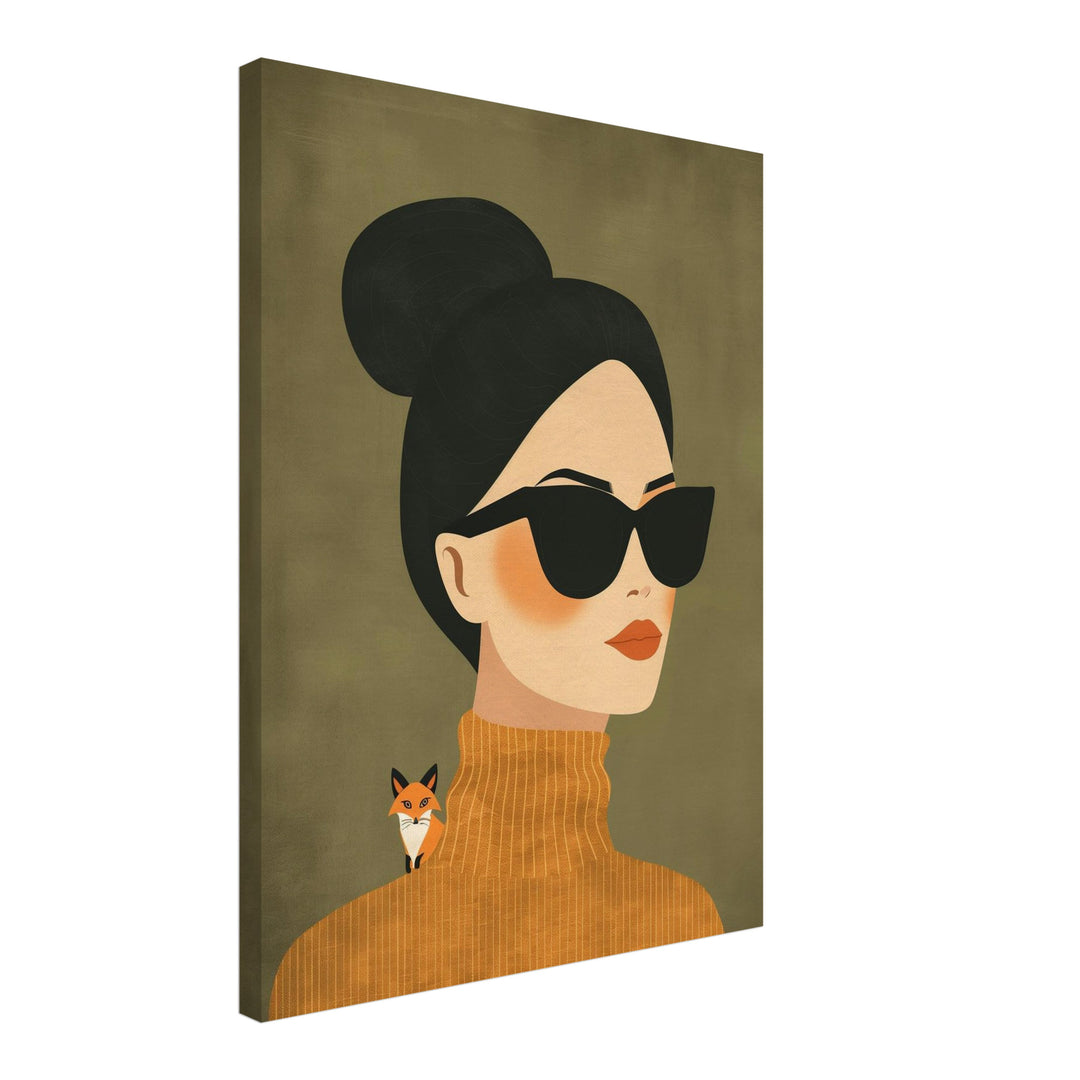 Frau mit Sonnenbrille und Fuchs Leinwandbild abstrakt – Leinwand auf Holzrahmen – Ansicht 2