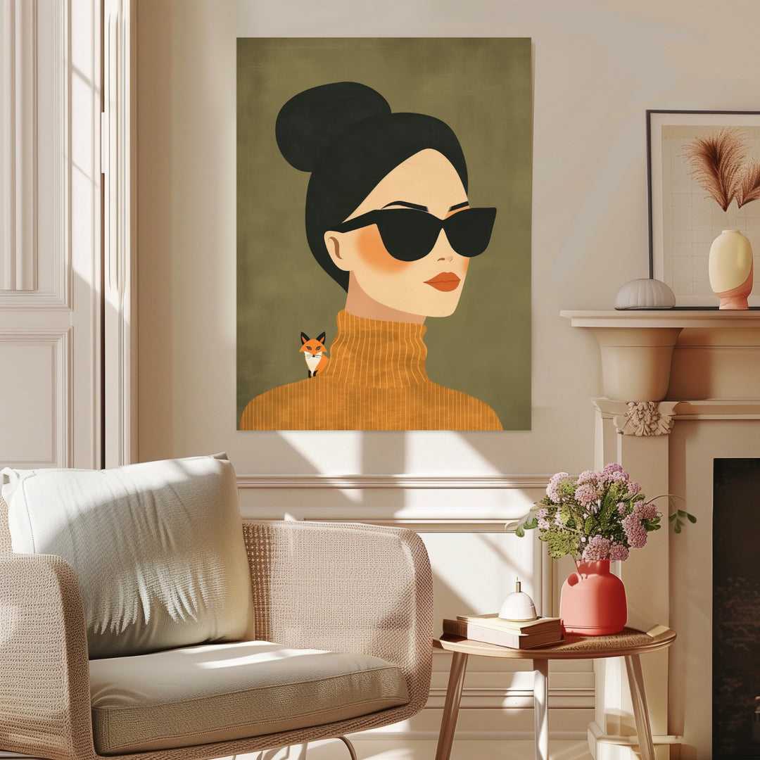 Frau mit Sonnenbrille und Fuchs Leinwandbild abstrakt – Leinwand auf Holzrahmen – Ansicht 3