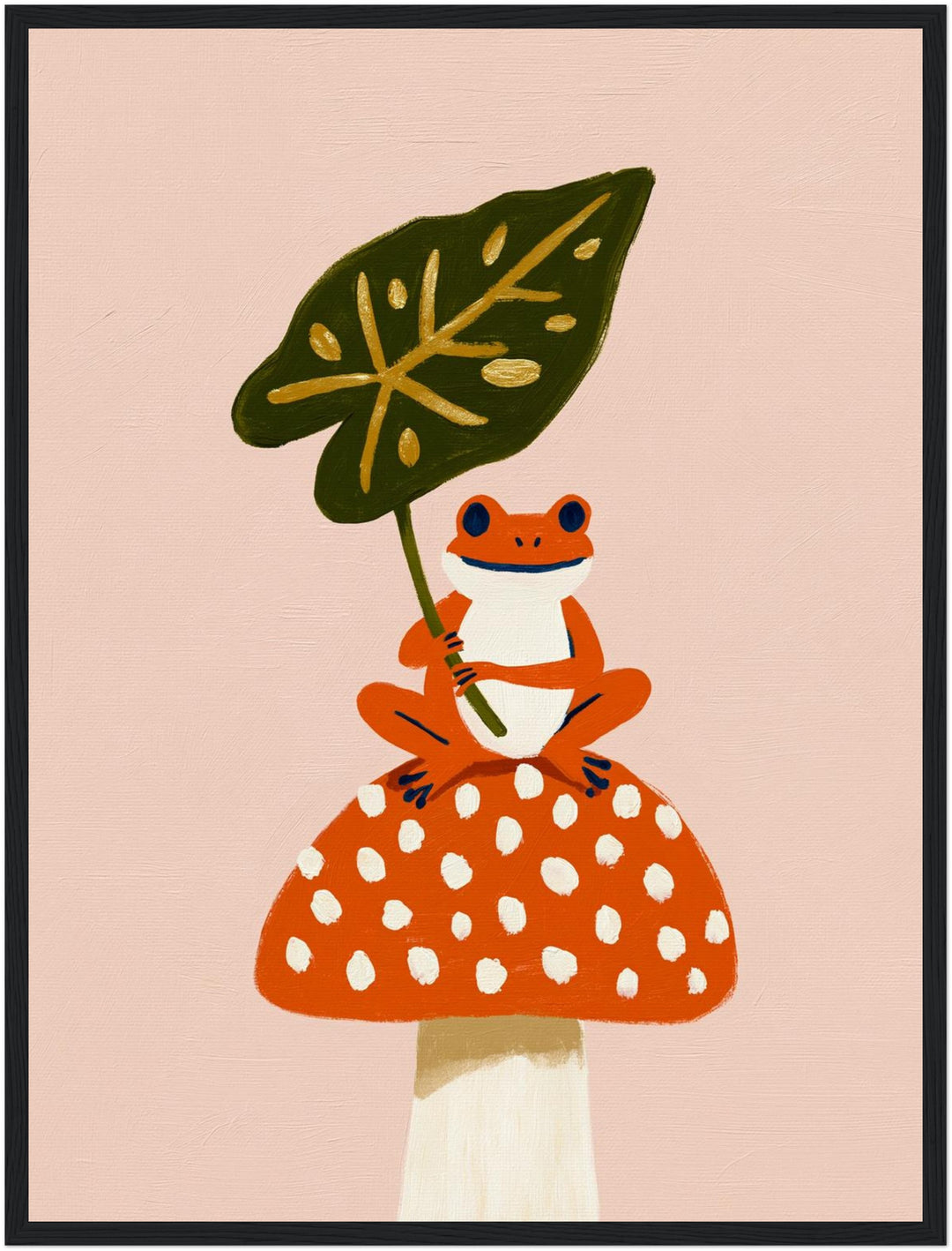 Frosch auf Fliegenpilz Poster – Schwarzer Rahmen – Produktfoto