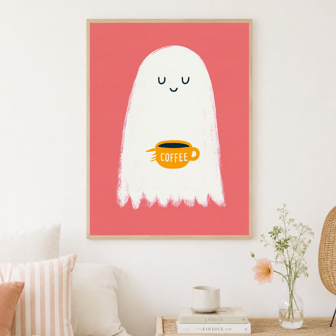 Geist mit Kaffeetasse Poster – Holz natur Rahmen – Produktfoto