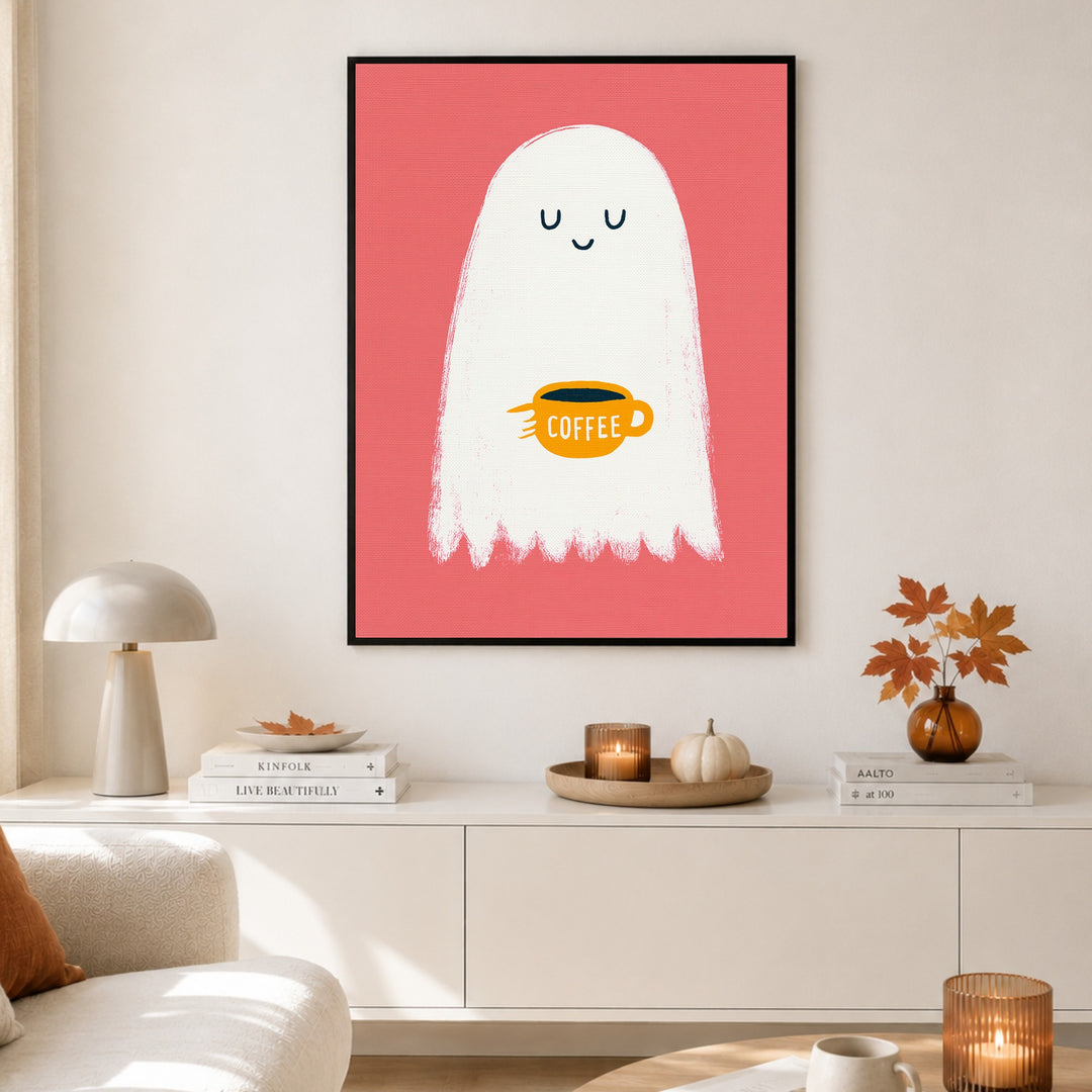 Geist mit Kaffeetasse Poster – Schwarzer Rahmen – Produktfoto