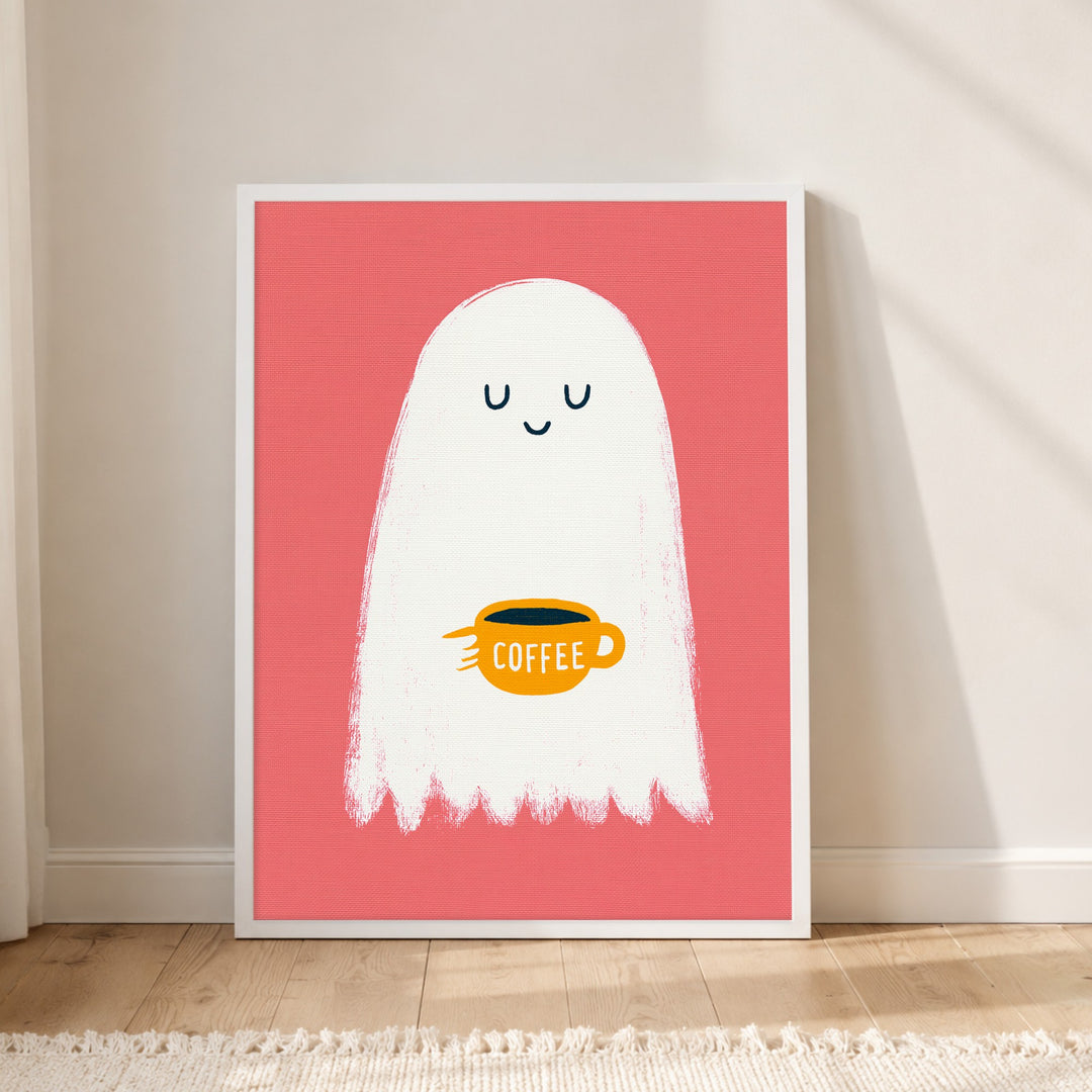 Geist mit Kaffeetasse Poster – Weißer Rahmen – Produktfoto