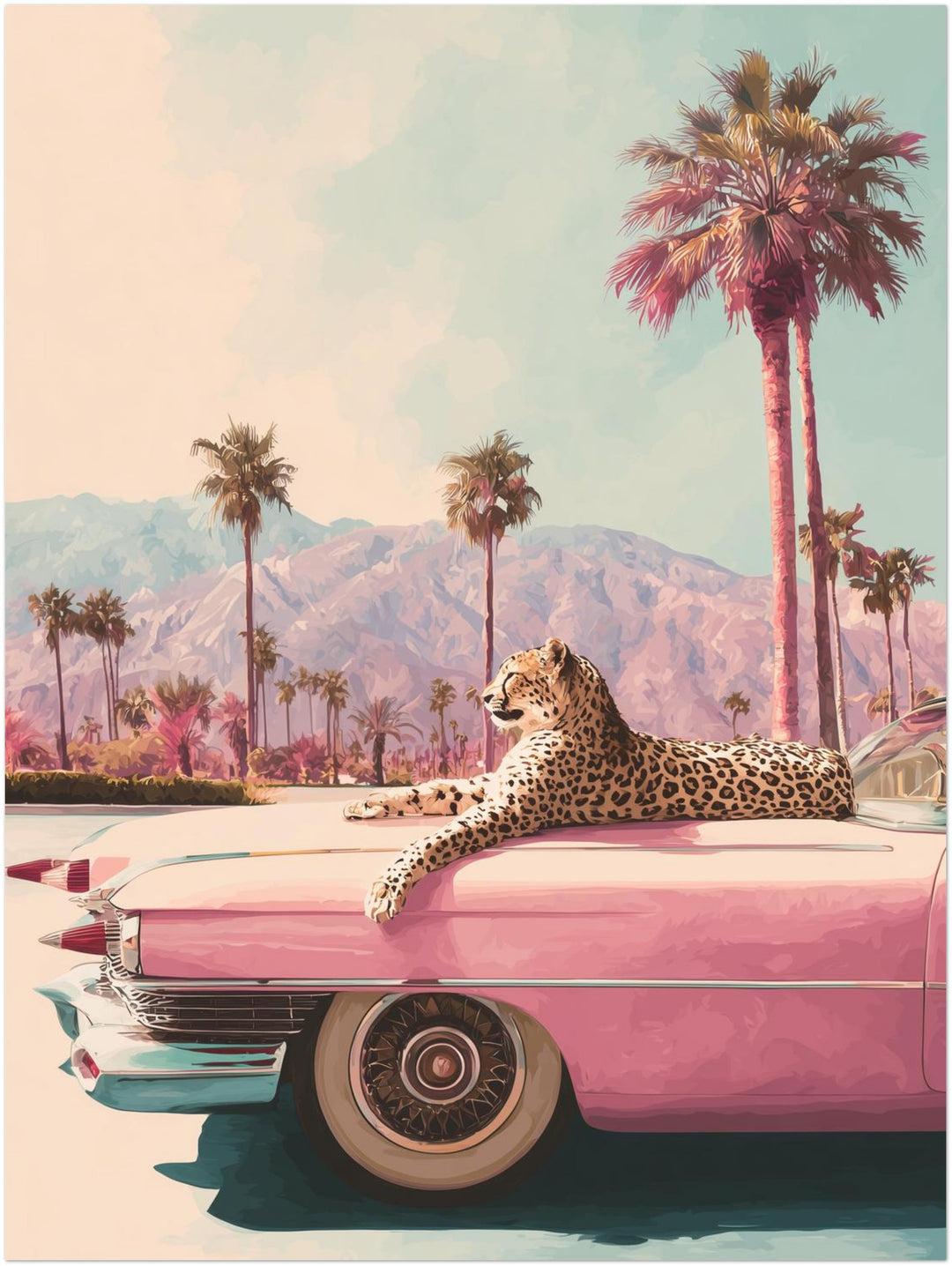 Leopard auf rosa Cadillac Poster – Ohne Rahmen – Produktfoto