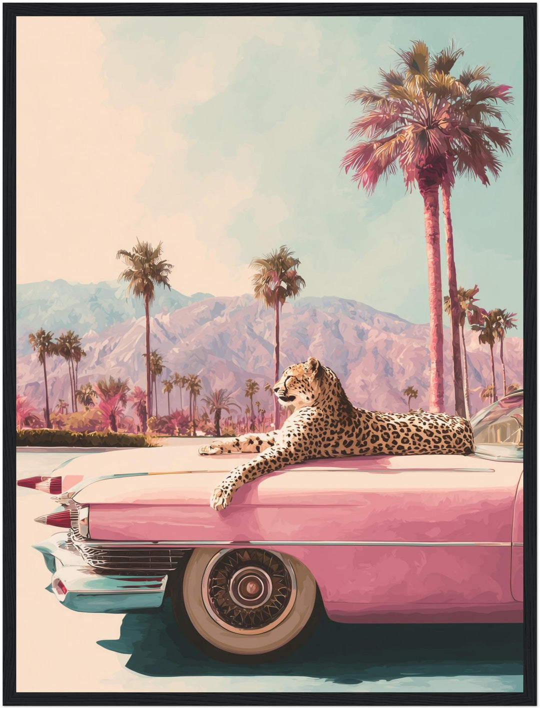 Leopard auf rosa Cadillac Poster – Schwarzer Rahmen – Produktfoto