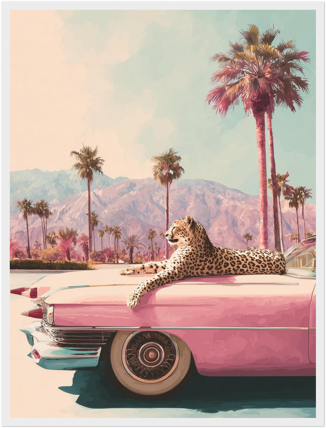 Leopard auf rosa Cadillac Poster – Weißer Rahmen – Produktfoto