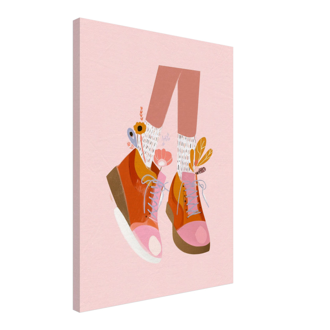 Orangene Schuhe mit Blumen Leinwandbild abstrakt – Leinwand auf Holzrahmen – Ansicht 2