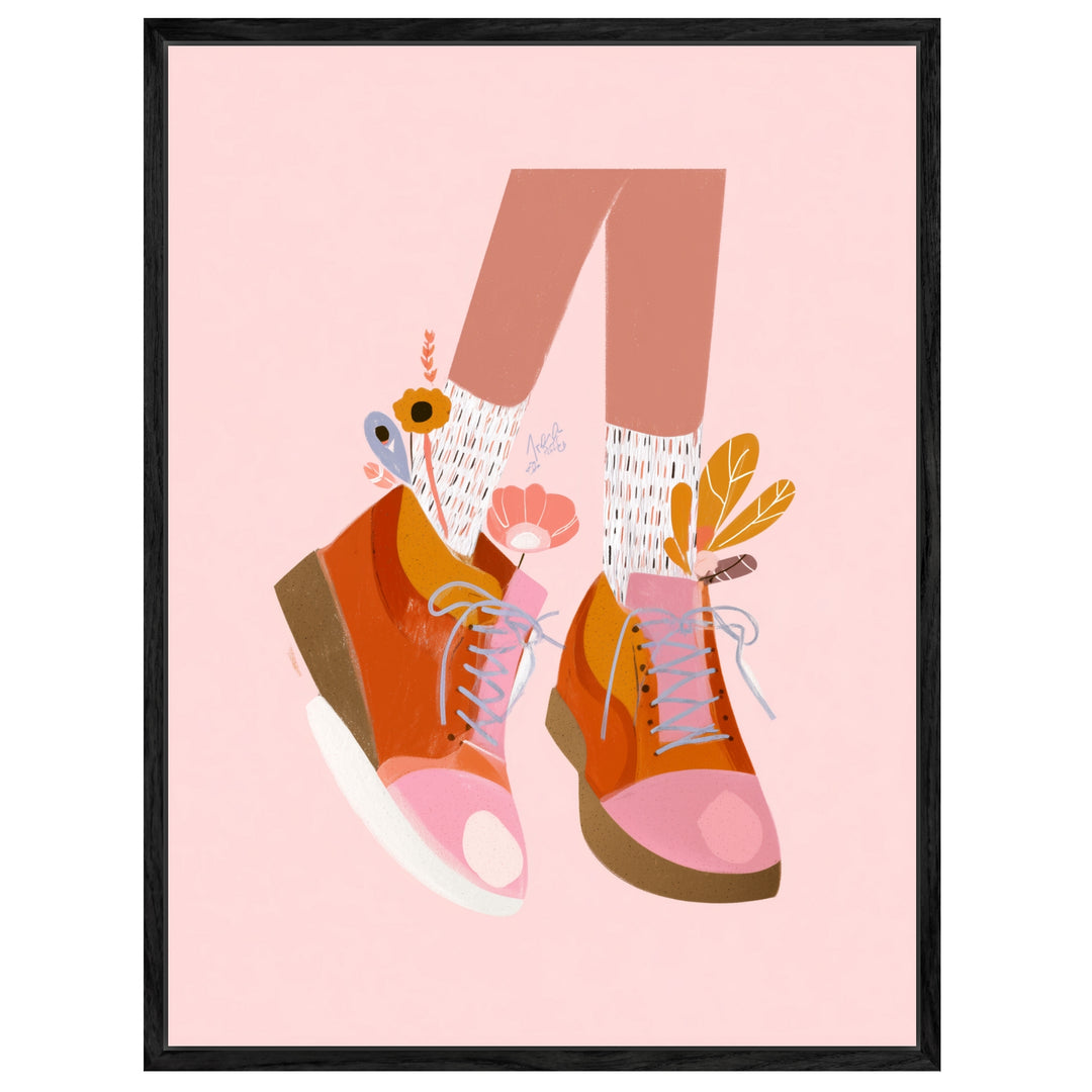 Orangene Schuhe mit Blumen Leinwandbild abstrakt – Leinwand auf Holzrahmen – Ansicht 4