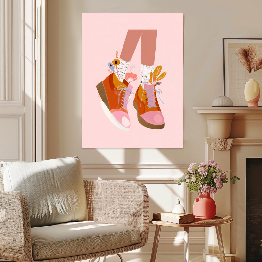 Orangene Schuhe mit Blumen Leinwandbild abstrakt – Leinwand auf Holzrahmen – Ansicht 3