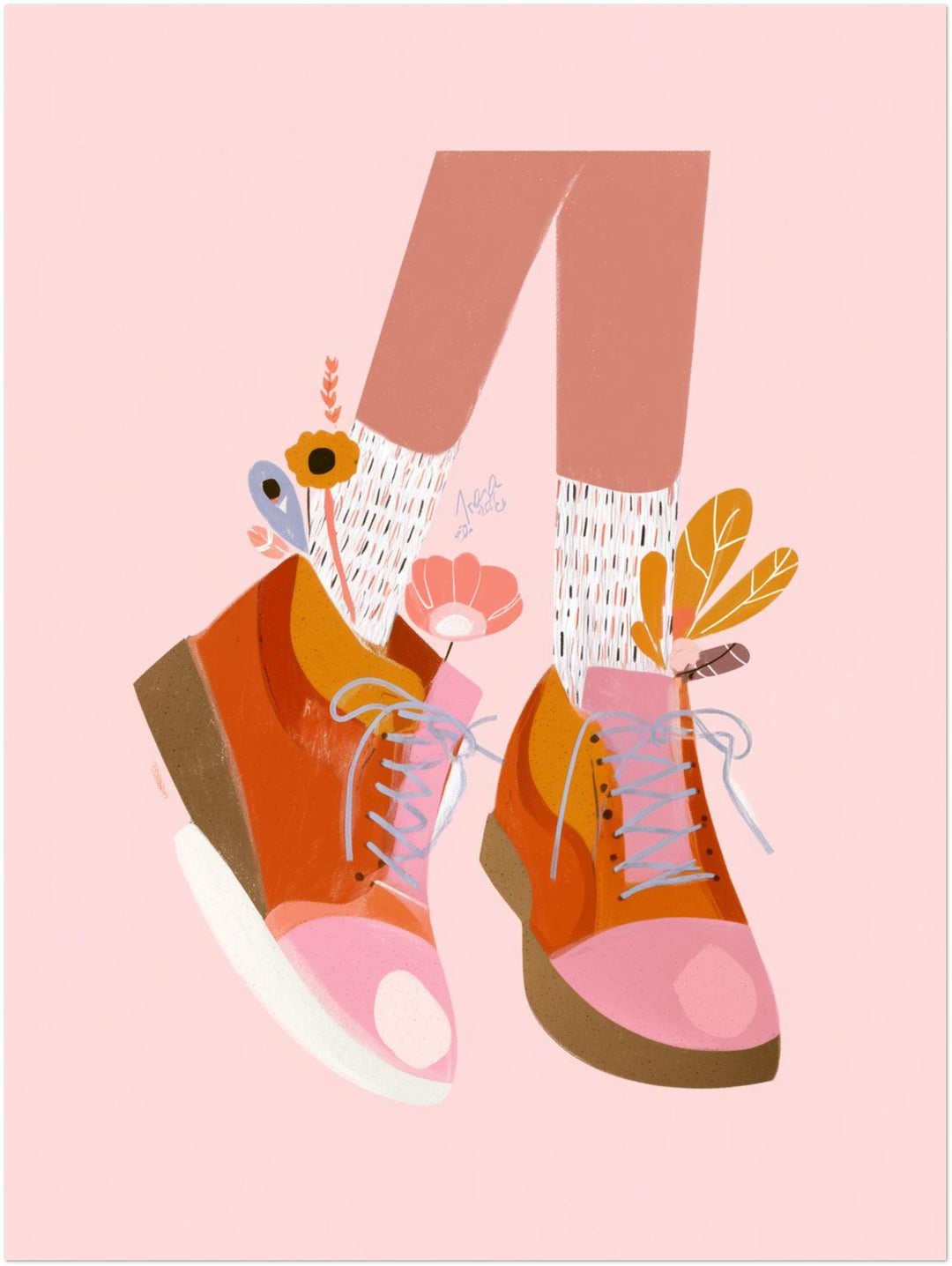 Orangene Schuhe mit Blumen abstrakt – Wandkunst