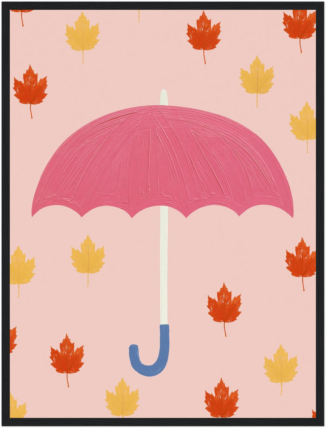 Regenschirm im Blätterregen Poster – Schwarzer Rahmen – Produktfoto