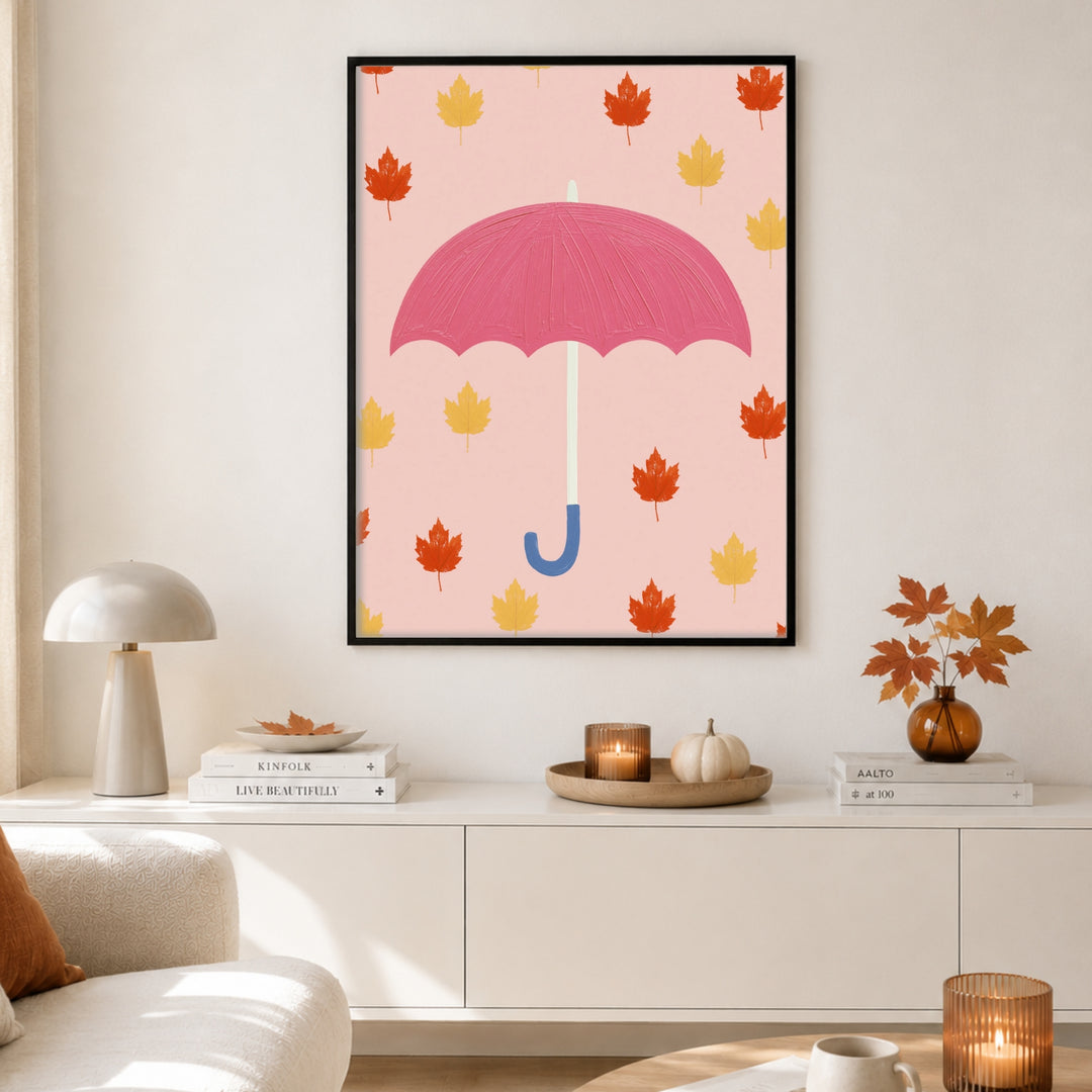 Regenschirm im Blätterregen Poster – Schwarzer Rahmen – Produktfoto