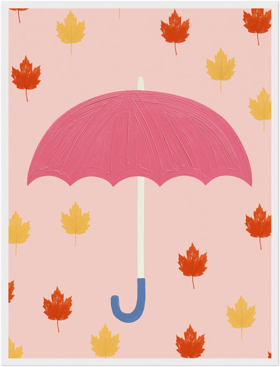 Regenschirm im Blätterregen Poster – Weißer Rahmen – Produktfoto