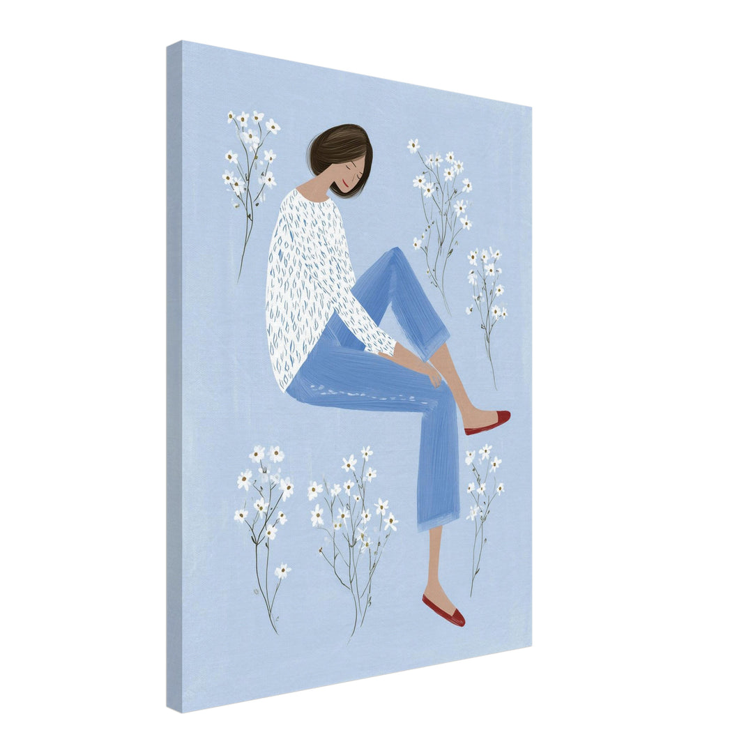 Sitzende Frau mit Blumen Leinwandbild abstrakt – Leinwand auf Holzrahmen – Ansicht 4