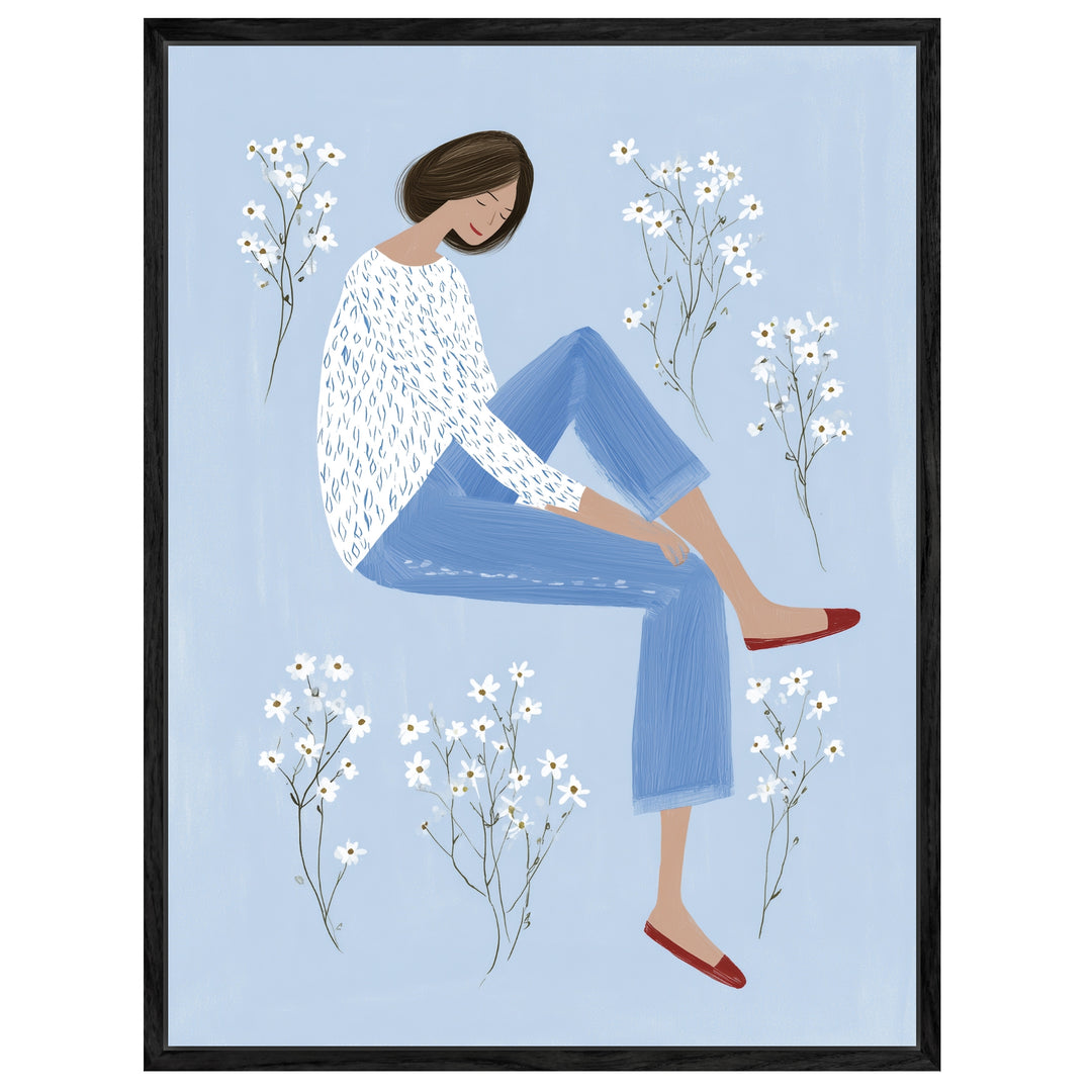 Sitzende Frau mit Blumen Leinwandbild abstrakt – Leinwand auf Holzrahmen – Ansicht 2