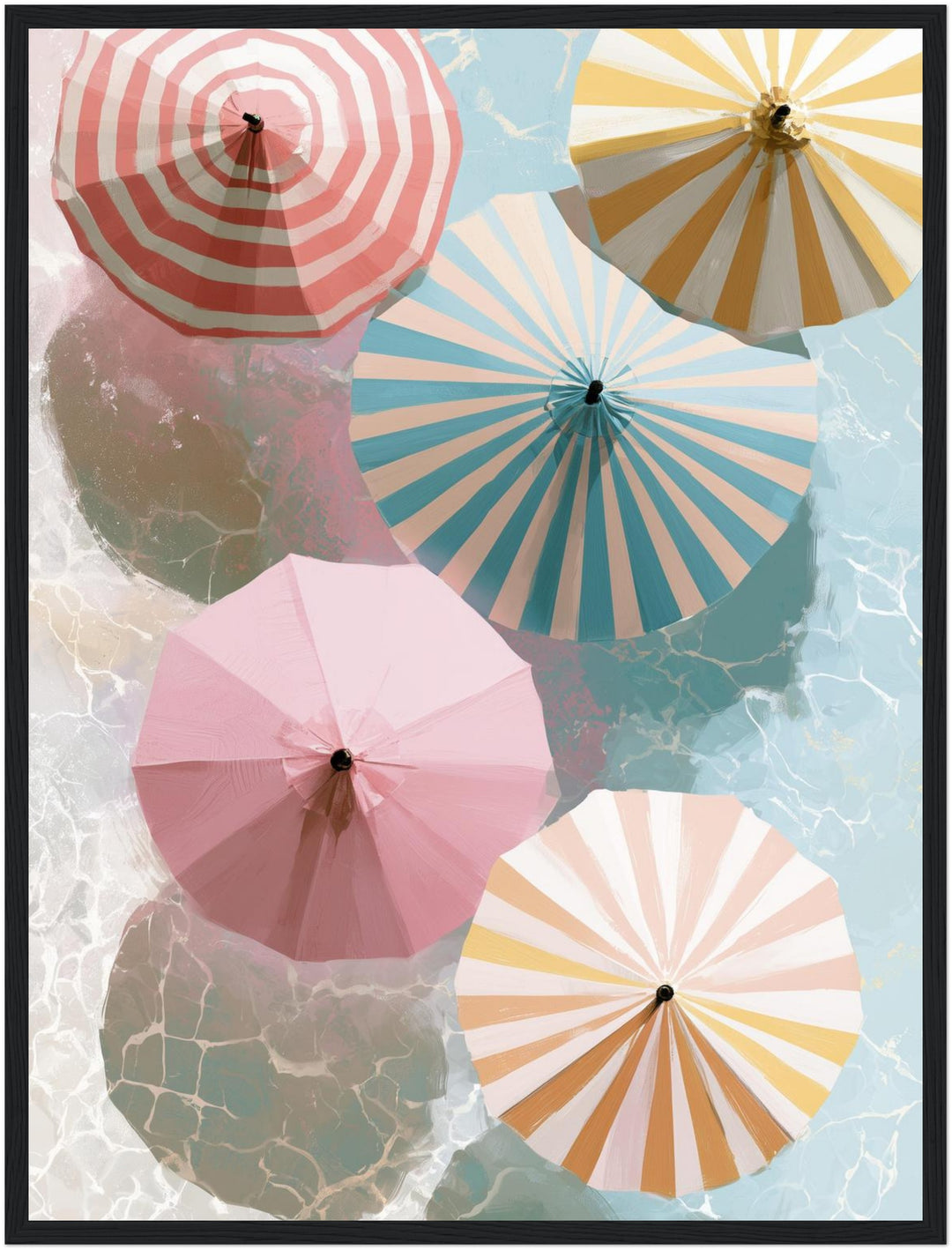 Sonnenschirme über Wasser Poster – Schwarzer Rahmen – Produktfoto