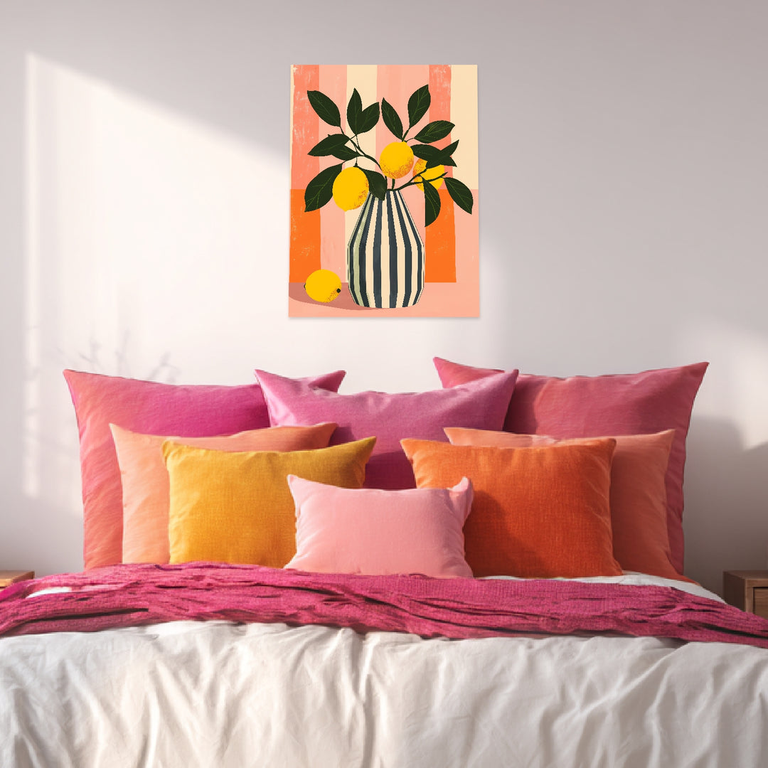 Zitronen Vase Illustration Leinwandbild abstrakt – Leinwand auf Holzrahmen – Ansicht 3