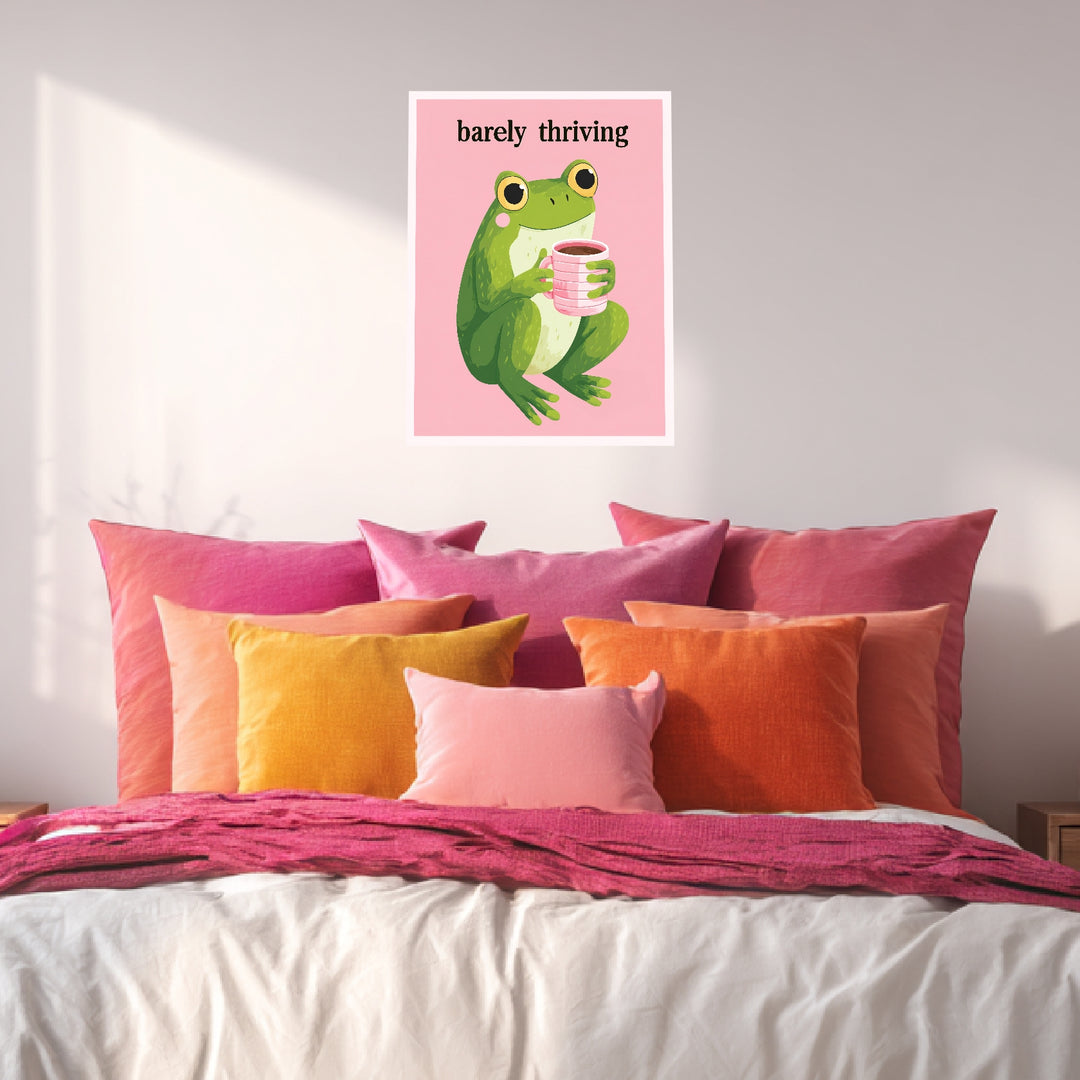 Frosch mit pinker Kaffeetasse Leinwandbild Dopamin – Leinwand auf Holzrahmen – Ansicht 3