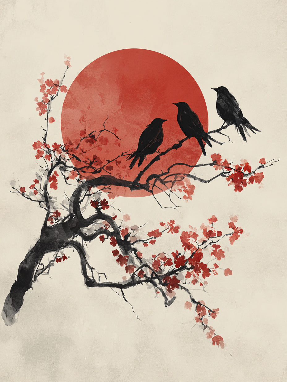 Drei Vögel auf Kirschblütenzweig Japandi – Wandkunst