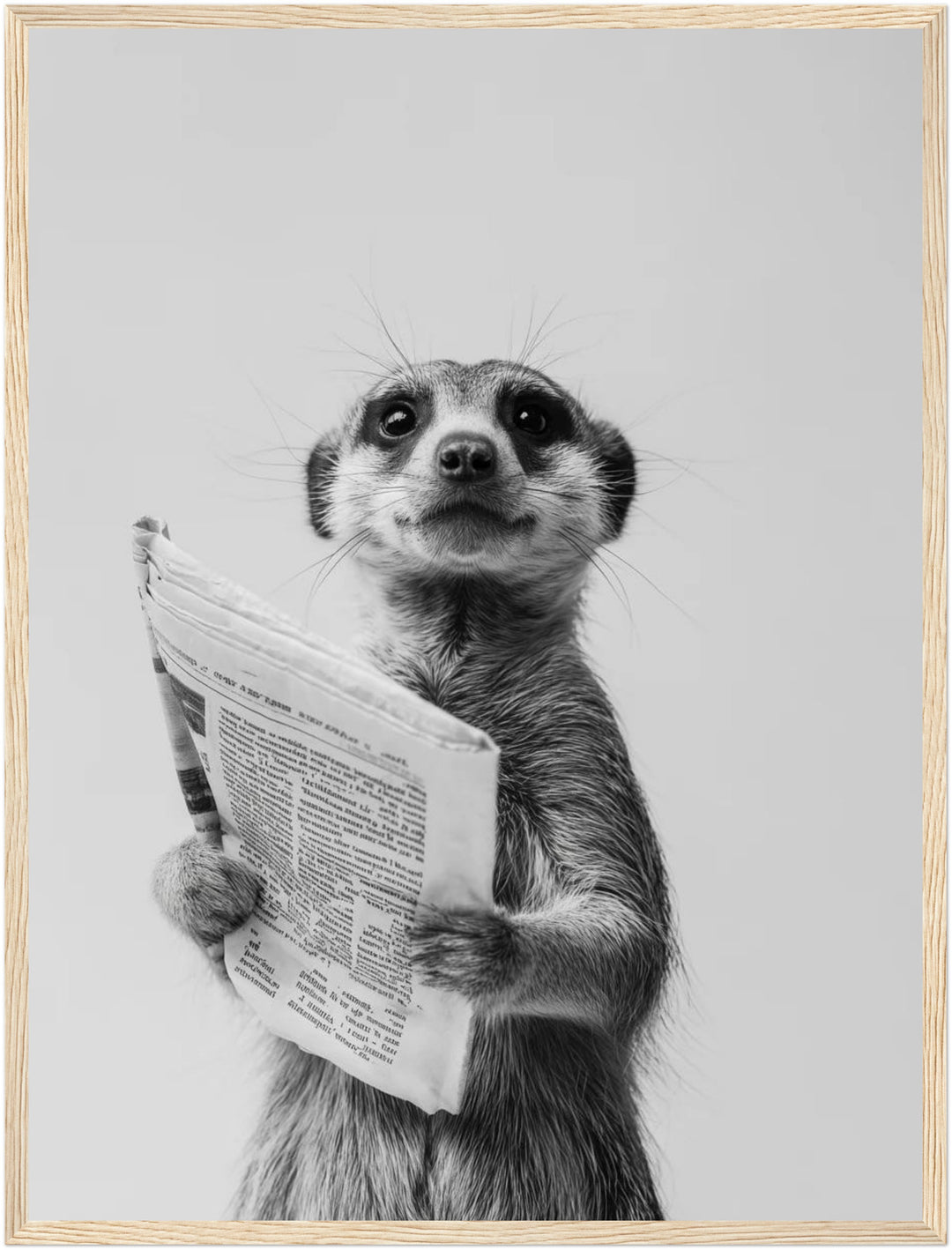 Erdmännchen mit Zeitung Poster im Naturholz-Rahmen