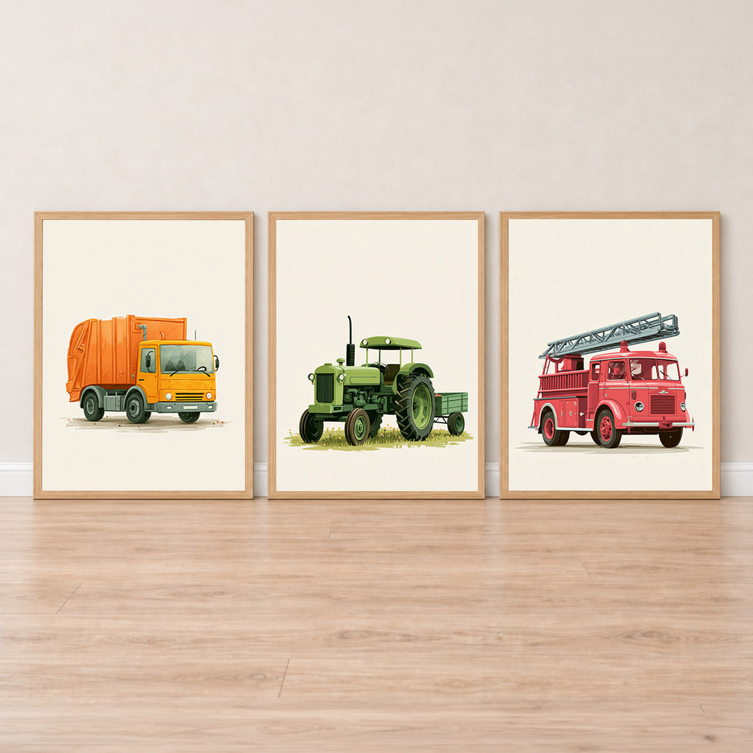 Set-Ansicht: Fahrzeuge Poster Set – Kinderzimmer (3er)