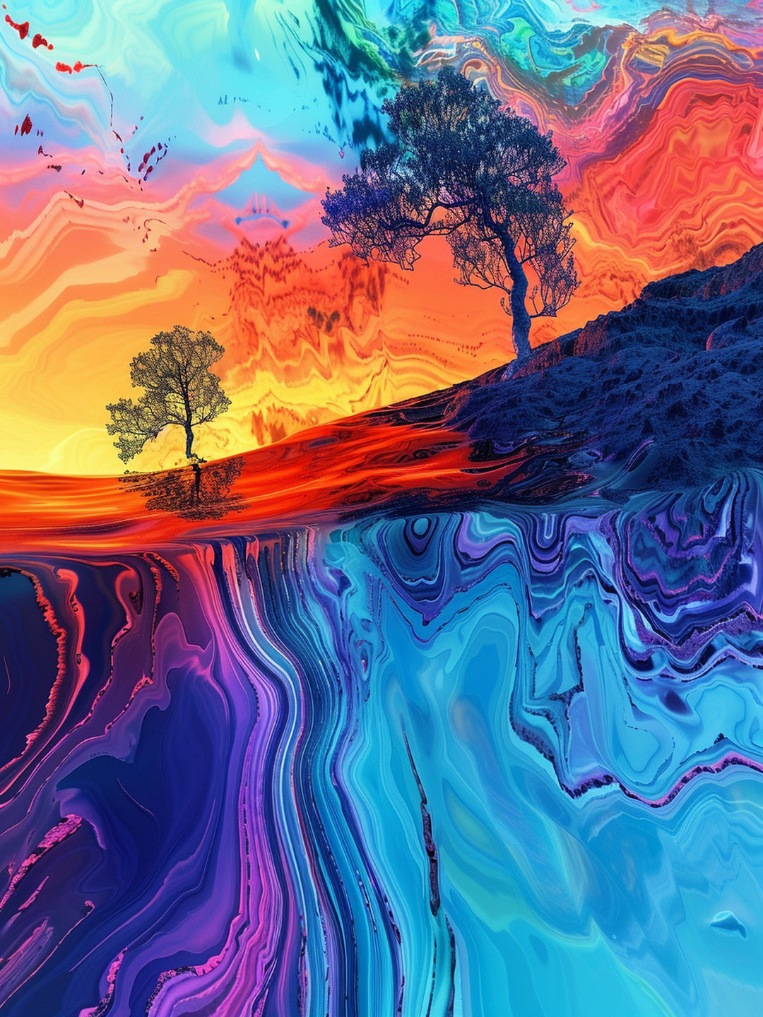 Farbige Baumlandschaft Psychedelic – Wandkunst