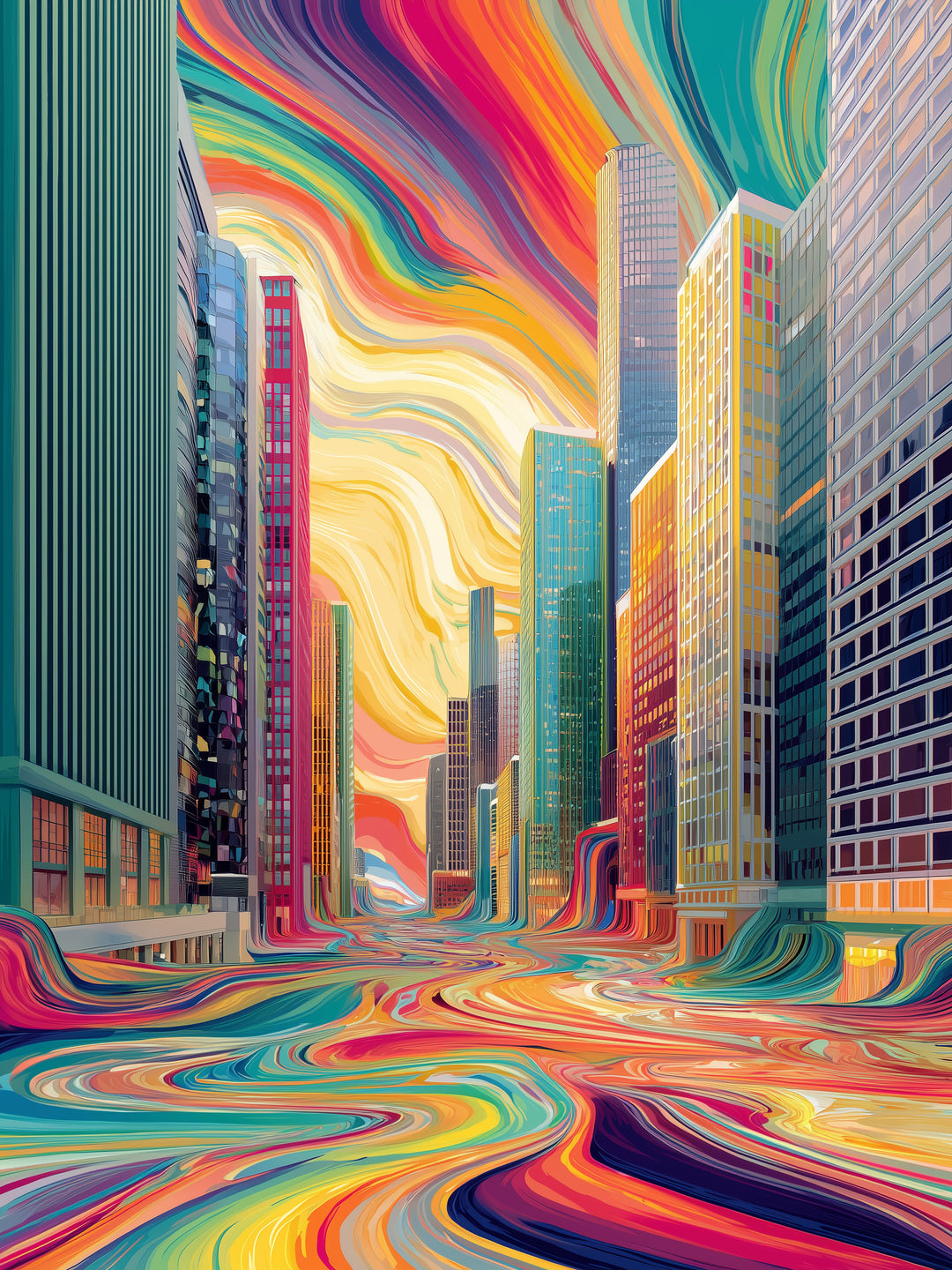 Fließende Farbenstadt  – Wandkunst