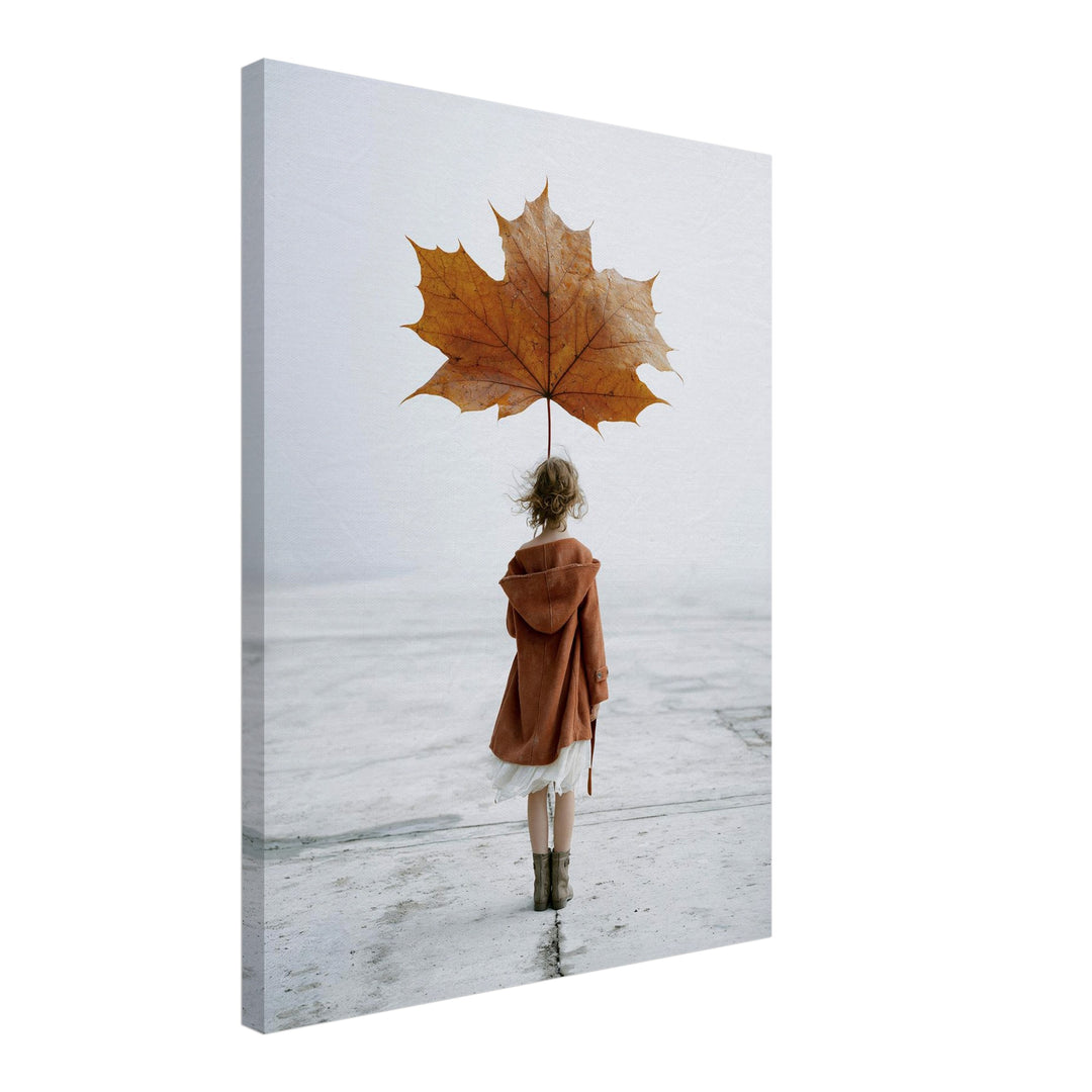 Mädchen mit Herbstblatt Leinwandbild – Schräge Ansicht – Produktfoto