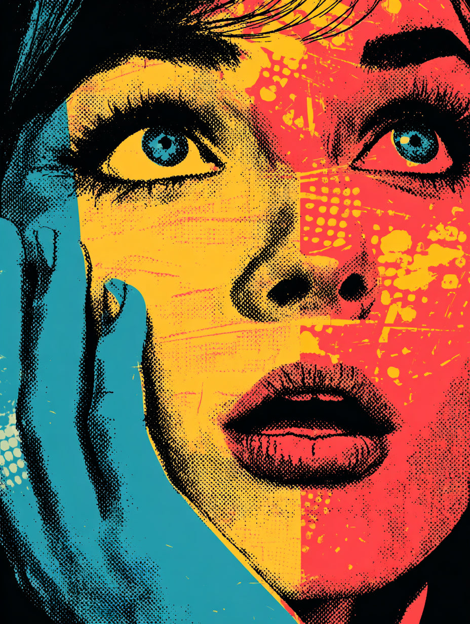 Frauengesicht in Blau Gelb Pop Art – Wandkunst