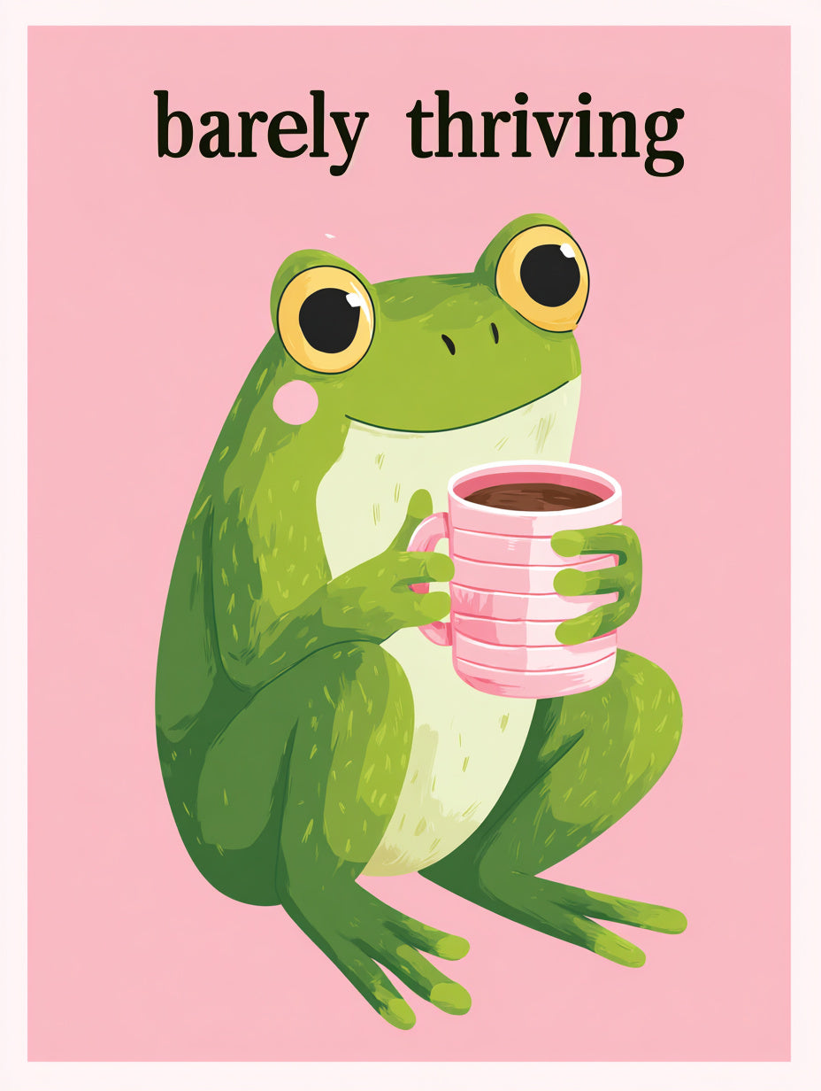 Frosch mit pinker Kaffeetasse Dopamin – Wandkunst