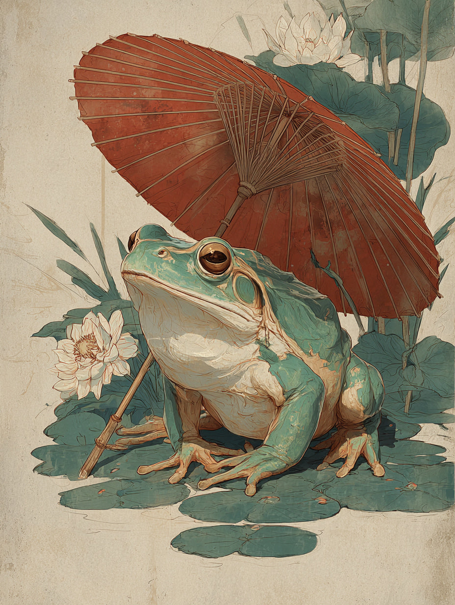 Frosch mit rotem Schirm Japandi – Wandkunst