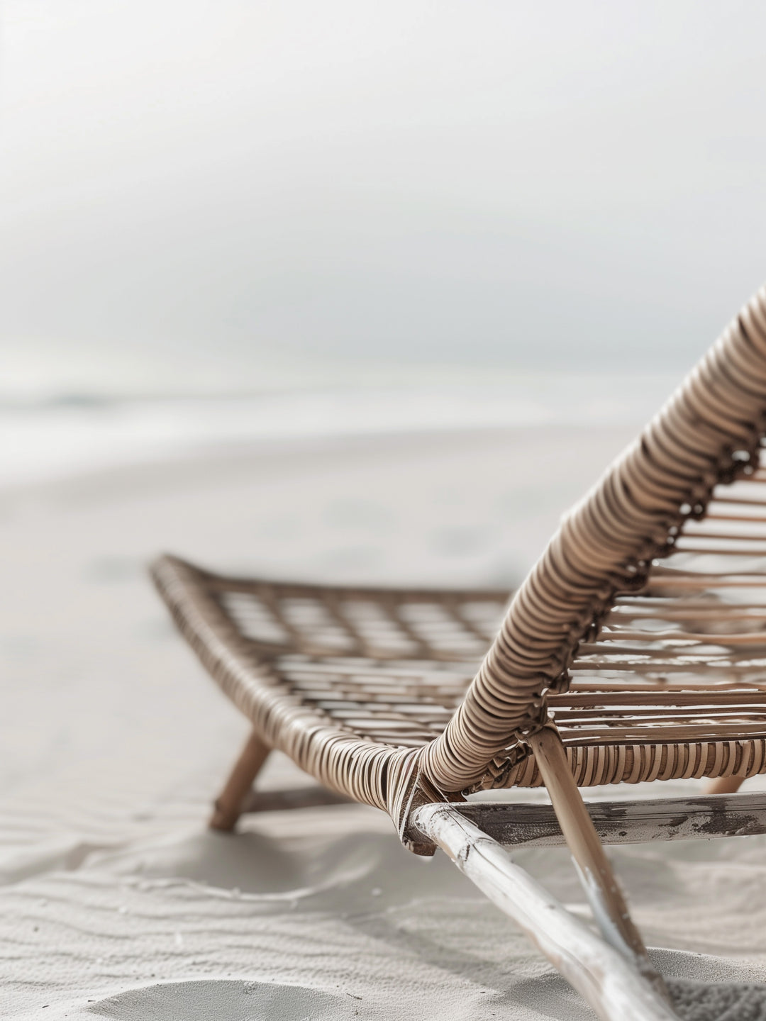 Geflochtener Strandstuhl im Sand  – Wandkunst