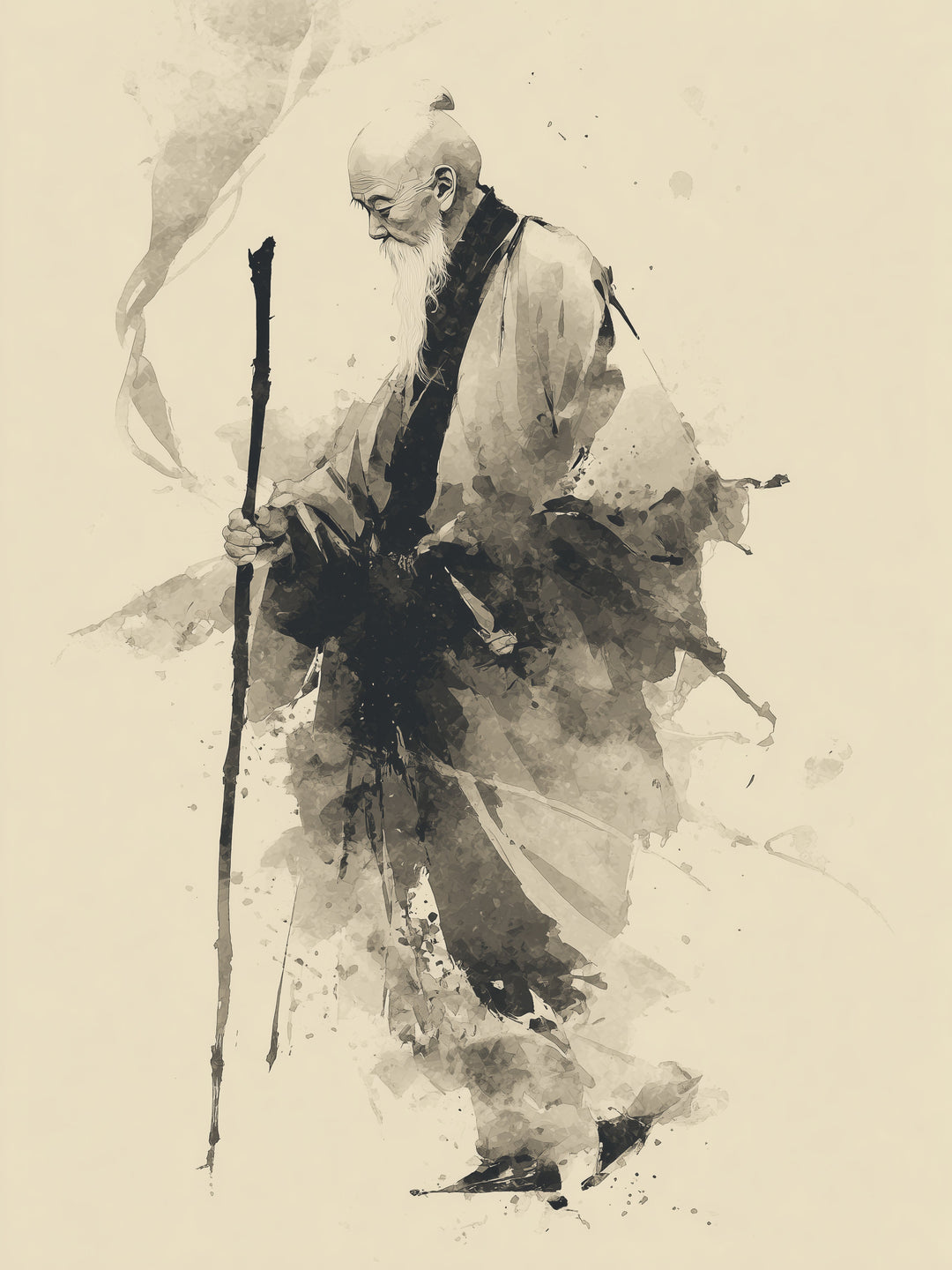 Gehender Mönch mit Stab Zen – Wandkunst