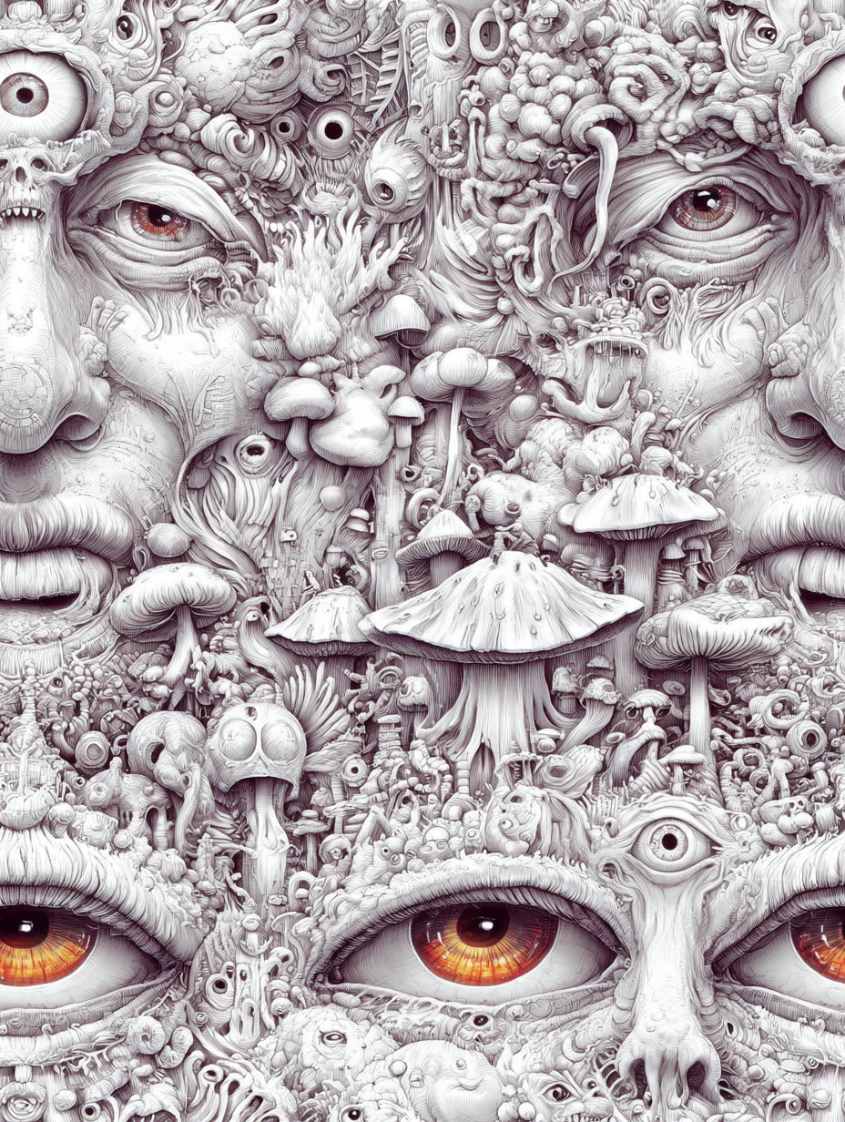 Gesicht aus Pilzen und Augen Psychedelic – Wandkunst