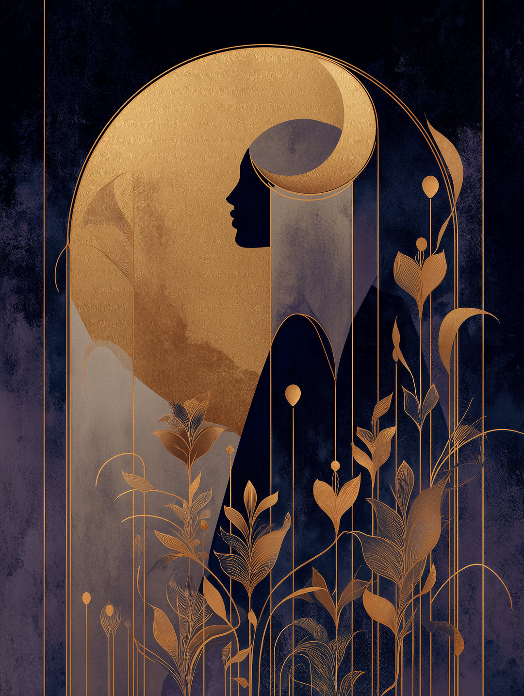 Goldene weibliche Silhouette Pflanzen  – Wandkunst