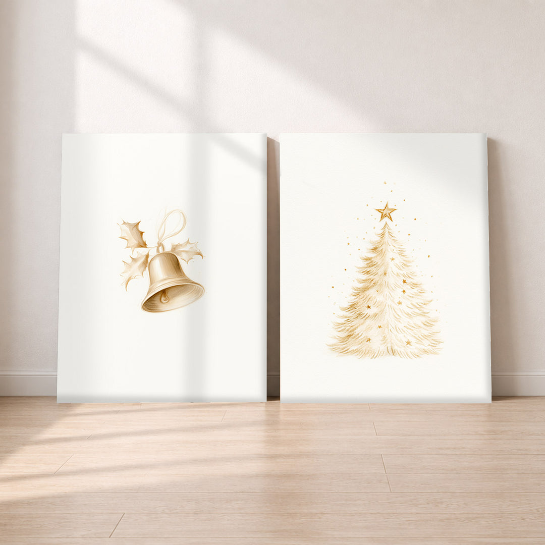 Set-Ansicht: Goldene Weihnacht Leinwand Set – Glocke & Baum (2er)