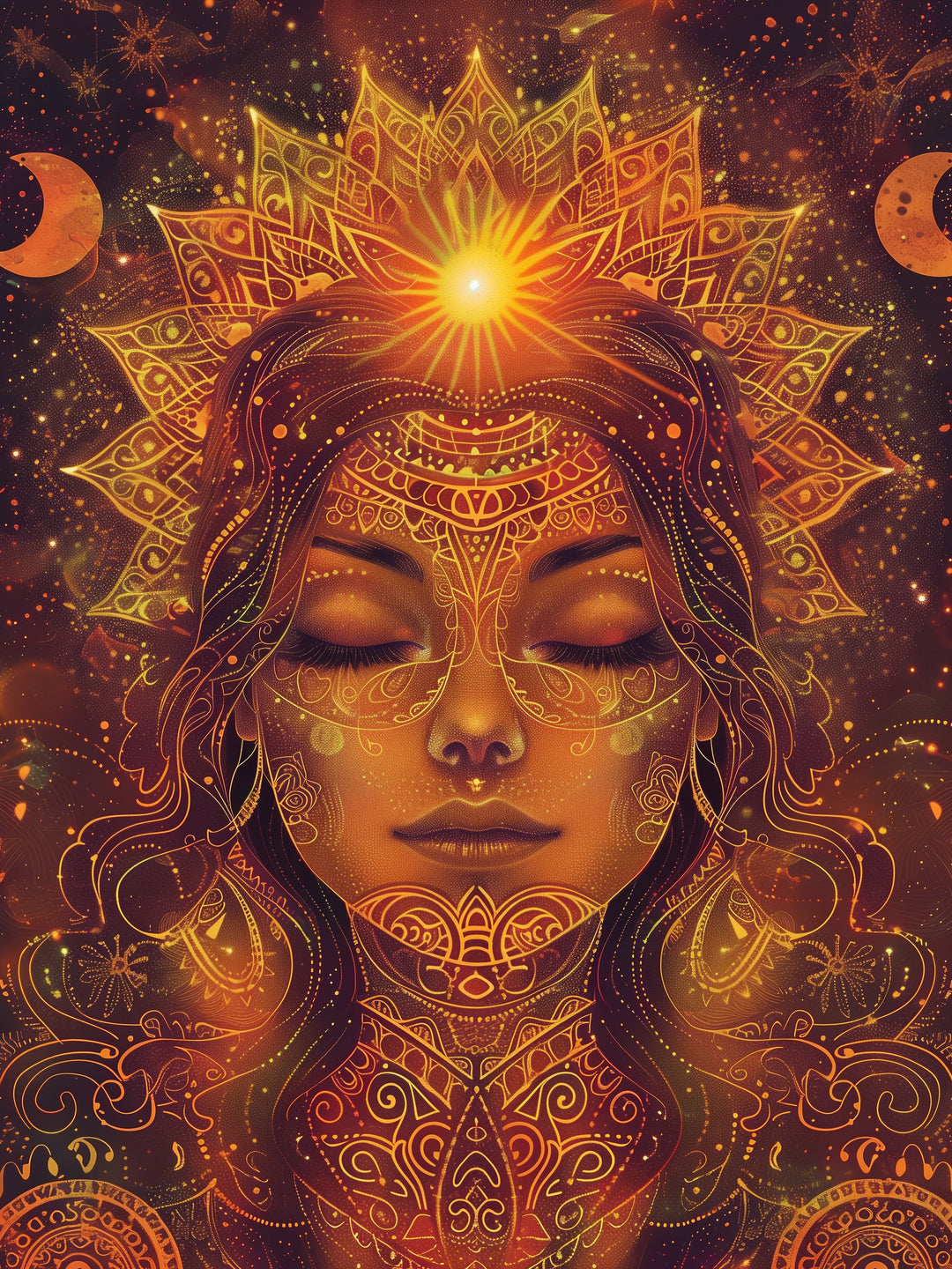 Goldenes spirituelles Sonnenportrait Psychedelic – Wandkunst