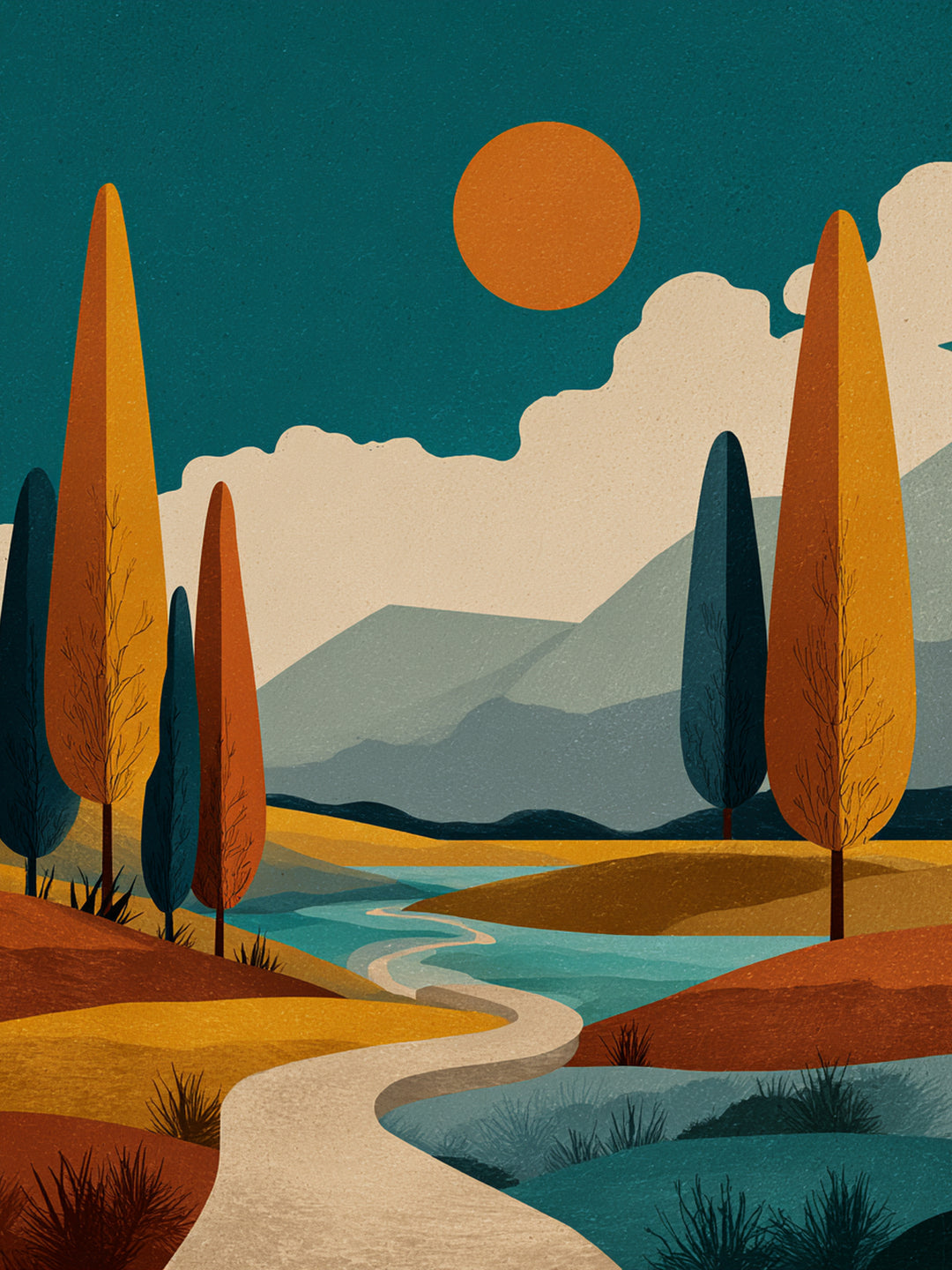 Herbstliche Flusslandschaft Retro – Wandkunst