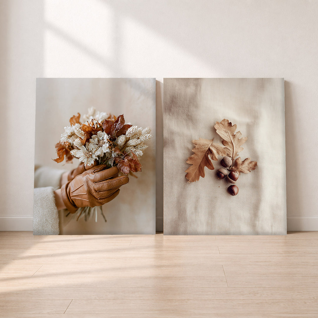 Set-Ansicht: Herbststrauß Leinwand Set – Trockenblumen & Eicheln (2er)