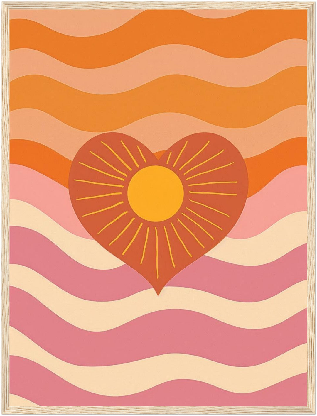Herz mit Sonne und Wellen Poster – Holz natur Rahmen – Produktfoto